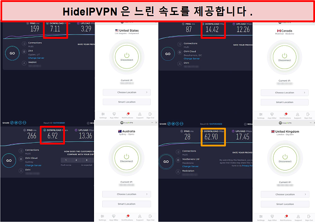 4 개의 서버 위치에서 HideIPVPN 속도 테스트의 스크린 샷.