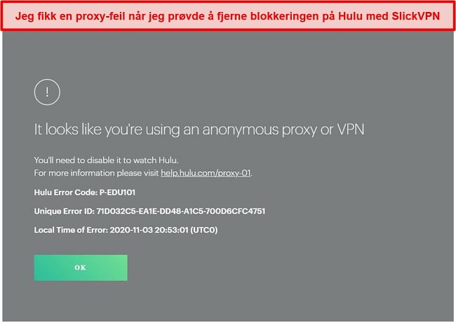 Skjermbilde av SlickVPN som blir blokkert av Hulu