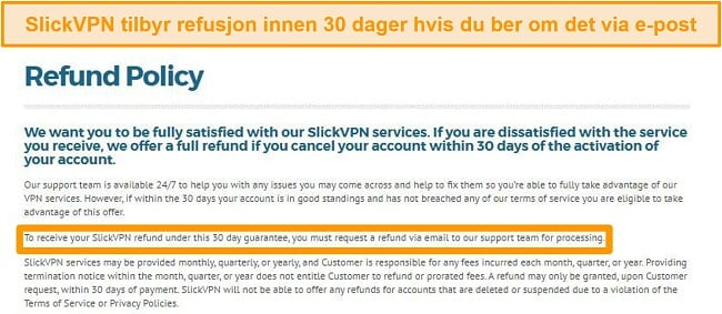 Skjermbilde av SlickVPNs refusjonspolicy