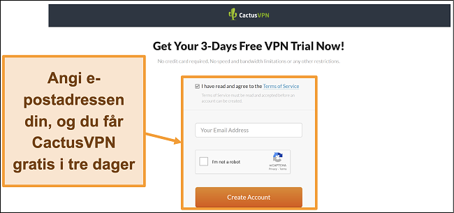 Skjermbilde som viser hvordan du registrerer deg for CactusVPN gratis prøveperiode