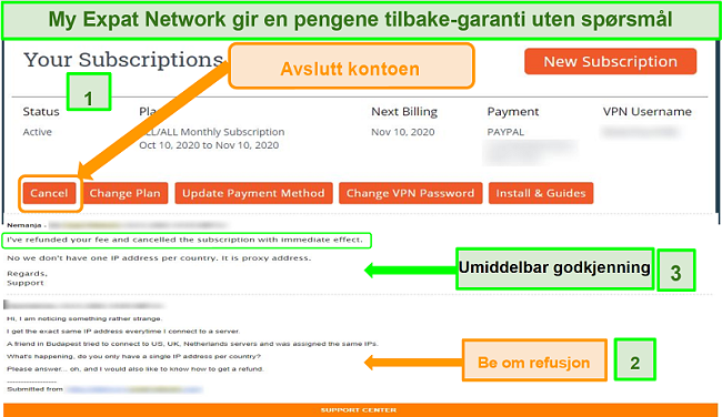 Skjermbilde av My Expat Network refusjonsprosess