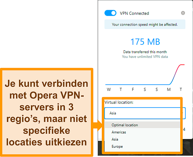 Schermafbeelding van het virtuele locatiemenu van Opera VPN.