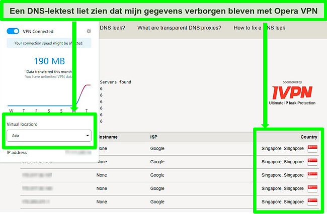 Screenshot van DNS-lektestresultaten die geen lekken laten zien tijdens verbinding met Opera VPN.