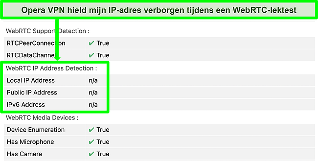 Screenshot van OperaVPN die de WebRTC-lektest doorstaat.