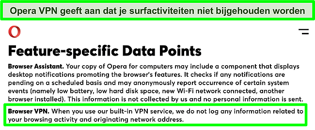 Schermafbeelding van het privacybeleid van Opera die laat zien dat de VPN geen logboeken opneemt.