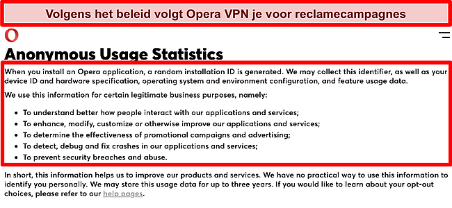 Screenshot van het privacybeleid van Opera VPN 