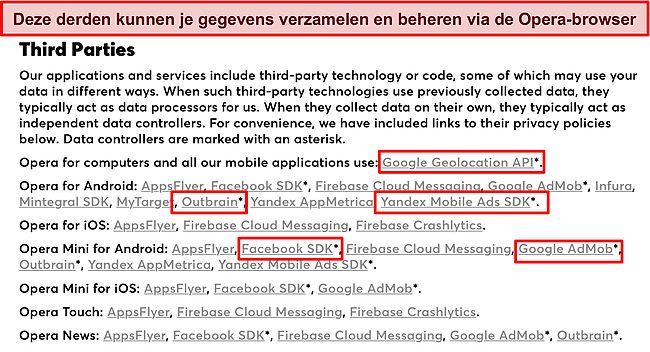 Screenshot van het privacybeleid van Opera waarin gegevensverzameling door derden openbaar wordt gemaakt.