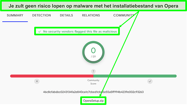 Screenshot van een malwarescan die laat zien dat er geen virussen zijn gevonden in het installatiebestand van Opera.