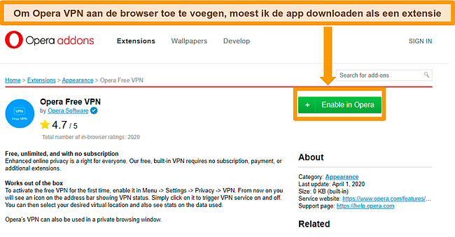 Screenshot van de Opera VPN add-on website.