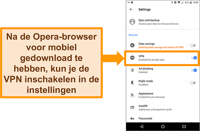 Schermafbeelding van het instellingenmenu van de Android Opera-browser met de ingeschakelde VPN-optie.