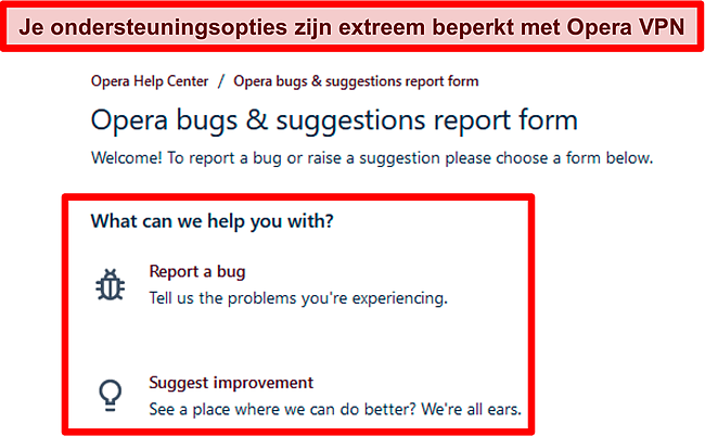 Screenshot van Opera VPN's online bugrapportage en suggestiepagina.