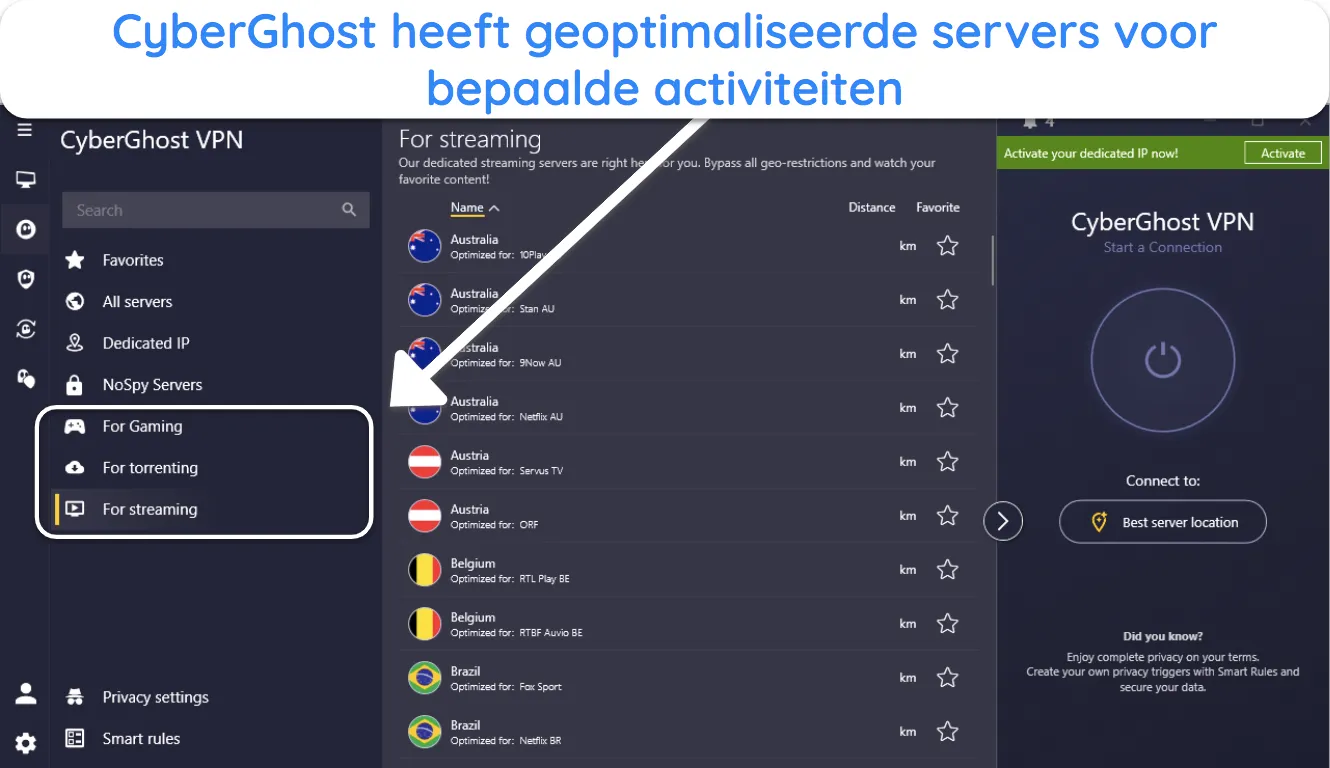 Screenshot van CyberGhost's geoptimaliseerde servers.