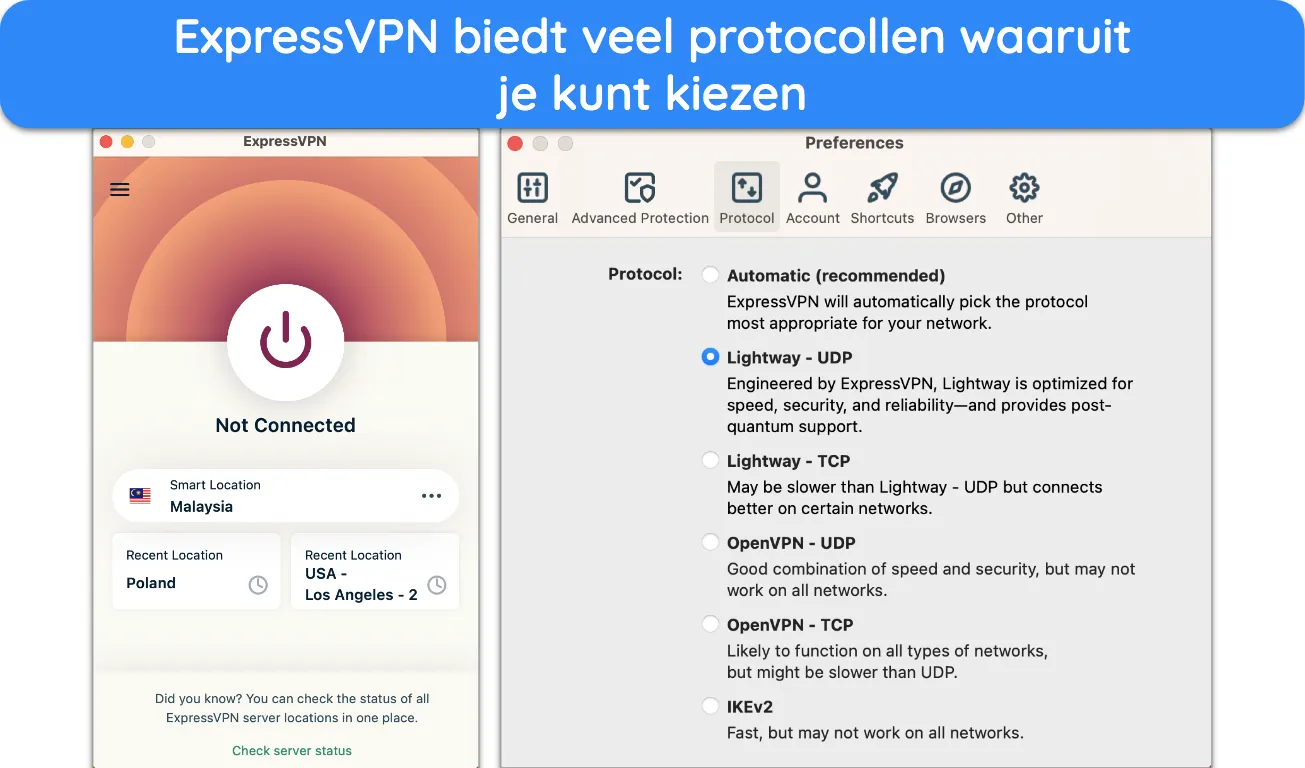 Screenshot van ExpressVPN's lijst met protocollen.