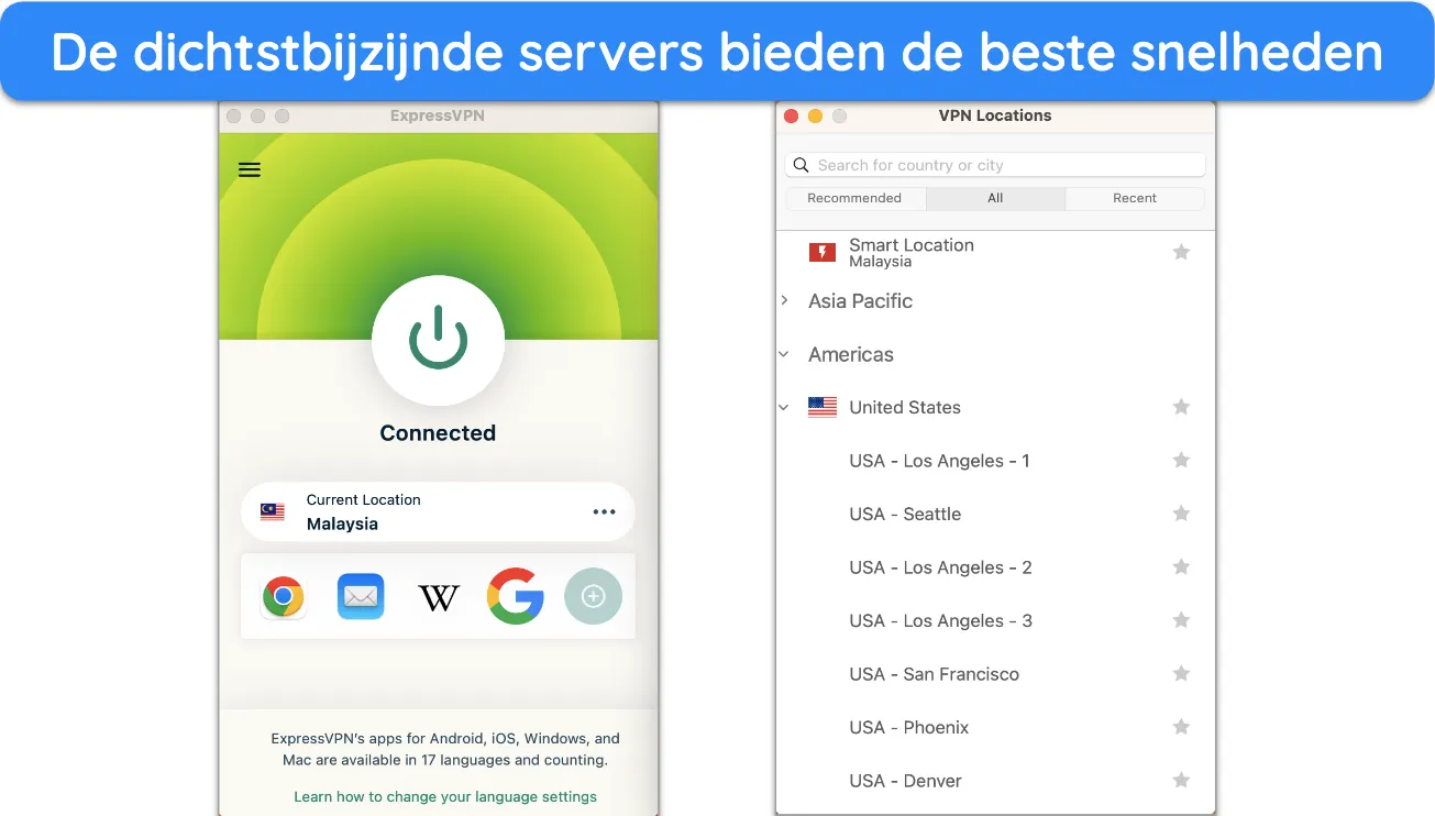 Screenshot van ExpressVPN's serverlijst.