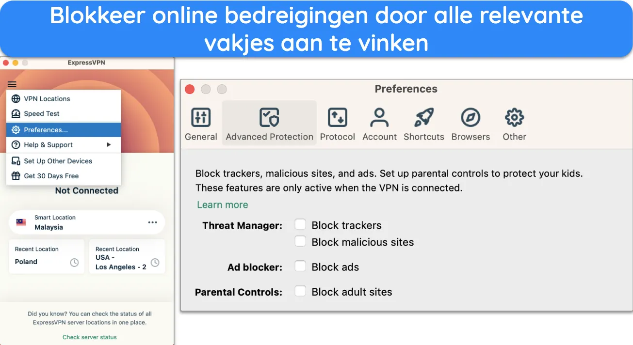 Screenshot van ExpressVPN's geavanceerde beveiligingsfunctie in de app.