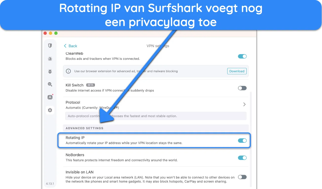 Screenshot van Surfshark's roterende IP-instellingen in de app.