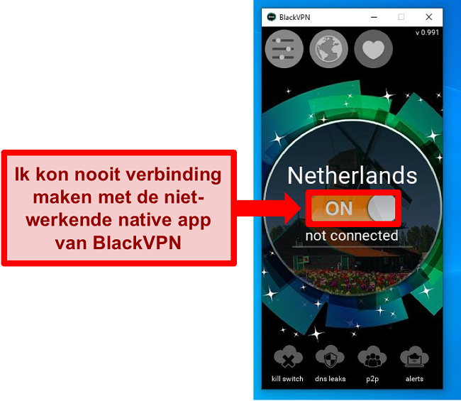 Schermafbeelding van de Windows-client van BlackVPN maakt geen verbinding ondanks dat deze is ingeschakeld