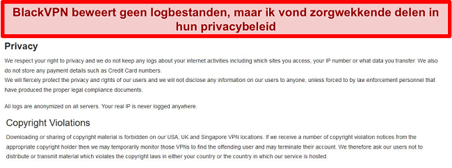 Screenshot van de privacy- en auteursrechtschendingen secties van de BlackVPN Servicevoorwaarden