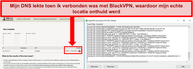 Screenshot van een mislukte DNS-lektest terwijl BlackVPN is verbonden met een server in de VS.