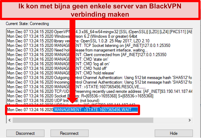 Screenshot van BlackVPN die probeert verbinding te maken met een server via de OpenVPN-client