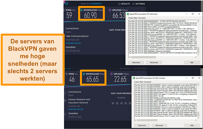 Screenshot van 2 snelheidstests terwijl verbonden met BlackVPN-servers in de VS.