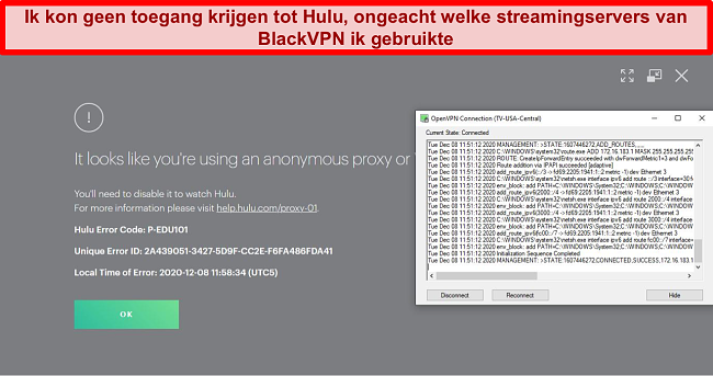 Schermafbeelding van de proxy-IP-fout van Hulu terwijl BlackVPN is verbonden via OpenVPN