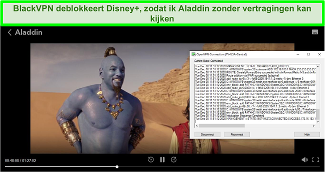 Screenshot van Aladdin op Disney + terwijl BlackVPN is verbonden met de US Central-streamingserver via de OpenVPN-client