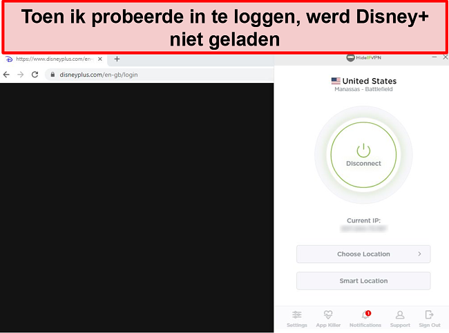 Screenshot van HideIPVPN krijgt geen toegang tot Disney +.