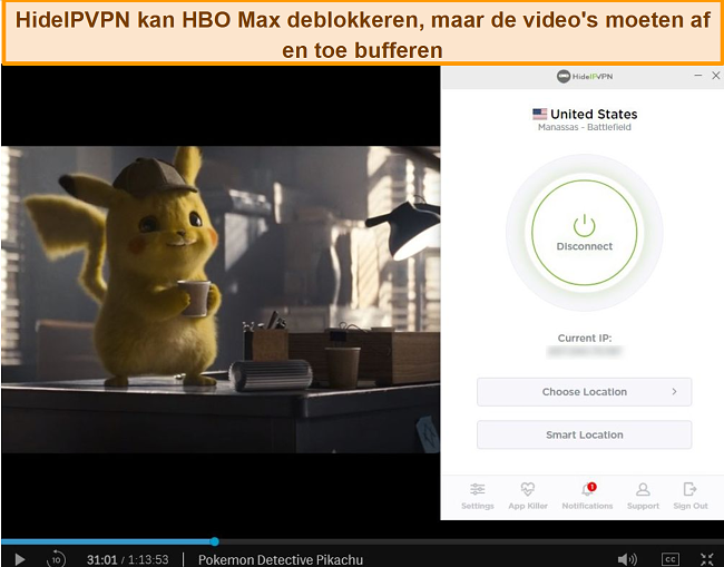 Screenshot van HideIPVPN die HBO Max deblokkeert en Pokemon Detective Pikachu streamt.