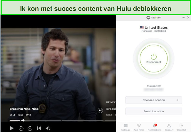 Screenshot van HideIPVPN die Hulu deblokkeert en Brooklyn Nine-Nine streamt.