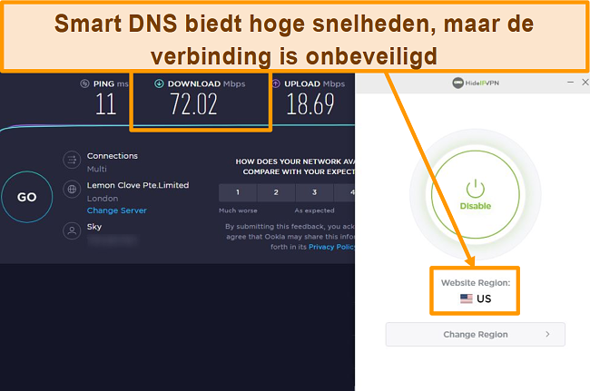 Screenshot van HideIPVPN Smart DNS-snelheidstest.