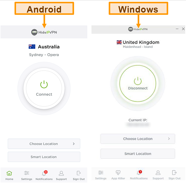 Screenshot van de desktop- en mobiele applicaties van HideIPVPN.