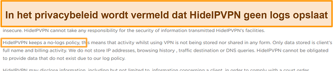 Screenshot van HideIPVPN's no-log-beleid.