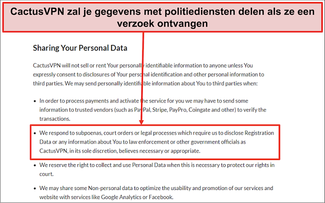 Screenshot van het privacybeleid van CactusVPN dat laat zien dat ze uw gegevens zullen overhandigen