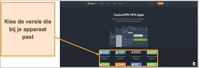 Schermafbeelding die laat zien waar u de gewenste versie van CactusVPN van de website kunt downloaden