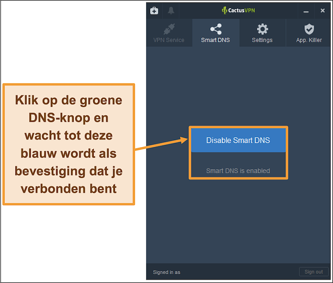 Screenshot van CactusVPN-interface die laat zien hoe de slimme DNS kan worden ingeschakeld