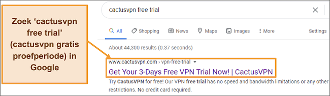 Schermafbeelding die laat zien hoe u de gratis proefversie van CactusVPN op Google kunt vinden