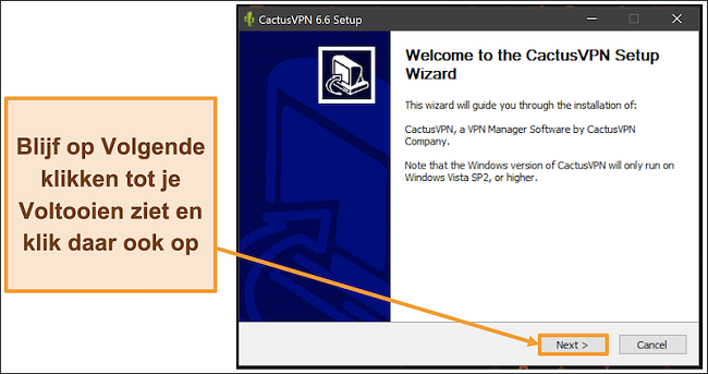 Screenshot die laat zien hoe CactusVPN te installeren met behulp van de installatiewizard