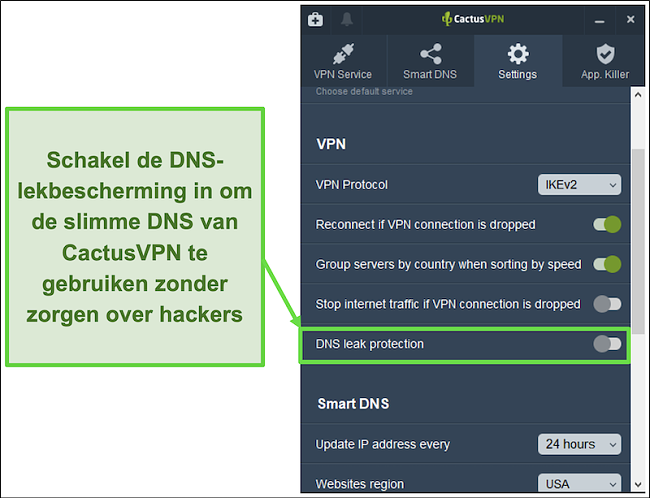 Schermafbeelding die laat zien hoe u DNS-lekbescherming inschakelt