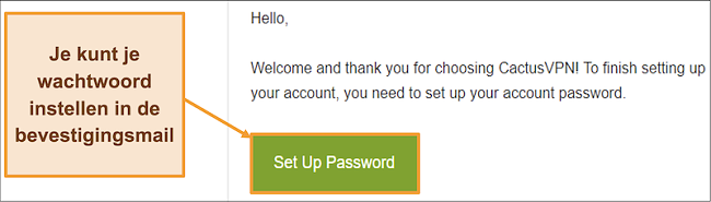 Schermafbeelding met bevestigingsmail van CactusVPN om een wachtwoord voor uw account aan te maken