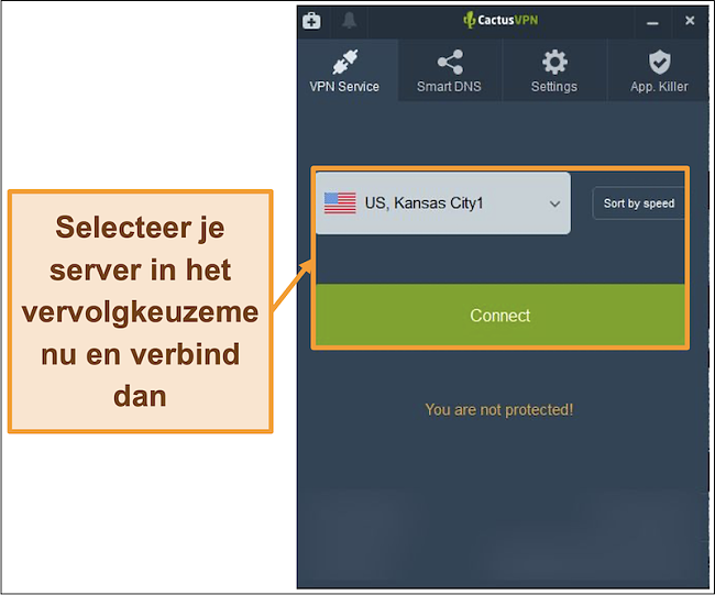 Screenshot van CactusVPN-interface met een vervolgkeuzemenu voor serverselectie