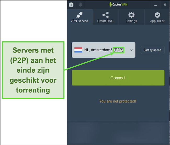 Screenshot die laat zien welke servers in staat zijn om te torrenten