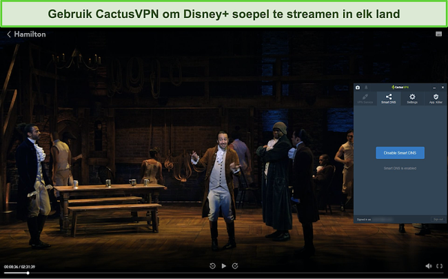 Screenshot van Hamilton die succesvol streamt op Disney + met CactusVPN verbonden