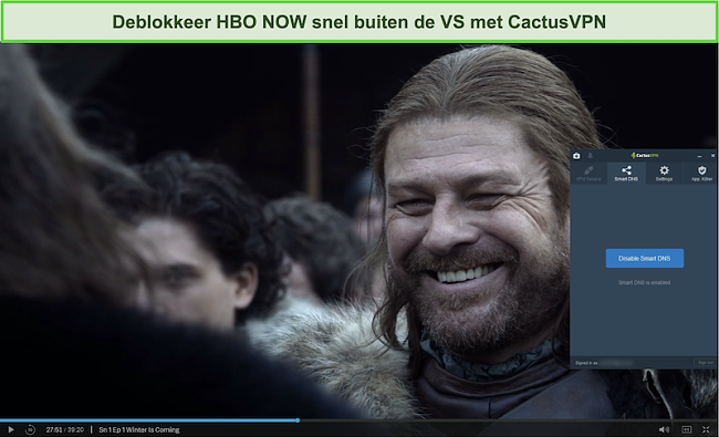 Screenshot van Game of Thrones die succesvol streamt op HBO NOW met CactusVPN verbonden