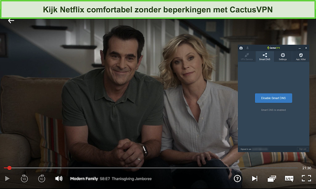 Screenshot van Modern Family die succesvol streamt op Netflix met CactusVPN verbonden