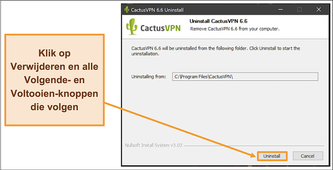 Schermafbeelding die laat zien hoe u het verwijderen van CactusVPN uit de verwijderingswizard kunt voltooien