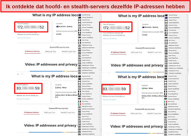 Screenshot van de primaire en stealth-servers van My Expat Network met hetzelfde IP-adres