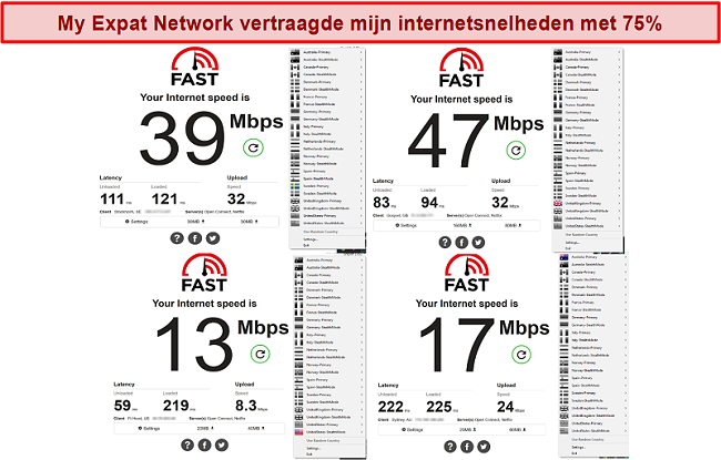 Screenshot van My Expat Network-snelheidstests op verschillende servers