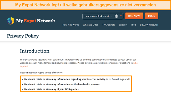 Screenshot van het privacybeleid van My Expat Network