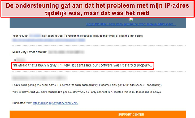 Screenshot van het e-mailantwoord van My Expat Network met een verklaring voor een IP-adresprobleem